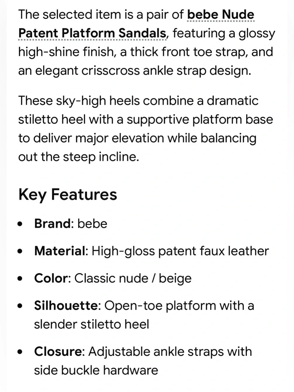 bebe Nude Patent Platform Stiletto Sandals